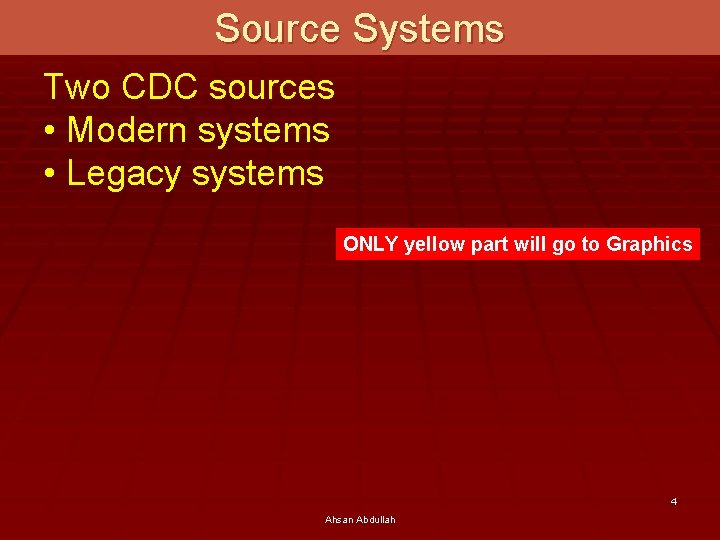 Source Systems Two CDC sources • Modern systems • Legacy systems ONLY yellow part