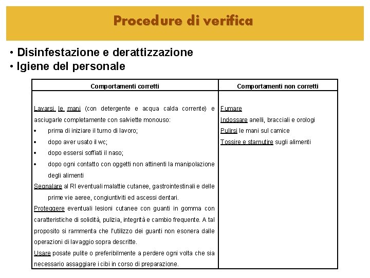 Procedure di verifica • Disinfestazione e derattizzazione • Igiene del personale Comportamenti corretti Comportamenti Procedure di verifica • Disinfestazione e derattizzazione • Igiene del personale Comportamenti corretti Comportamenti