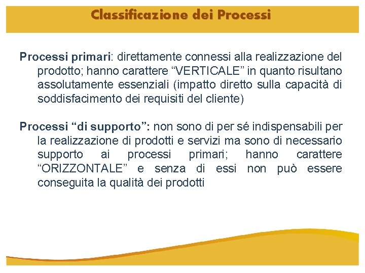 Classificazione dei Processi primari: direttamente connessi alla realizzazione del prodotto; hanno carattere “VERTICALE” in Classificazione dei Processi primari: direttamente connessi alla realizzazione del prodotto; hanno carattere “VERTICALE” in
