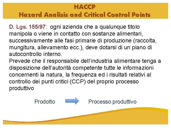 HACCP Hazard Analisis and Critical Control Points D. Lgs. 155/97: ogni azienda che a HACCP Hazard Analisis and Critical Control Points D. Lgs. 155/97: ogni azienda che a
