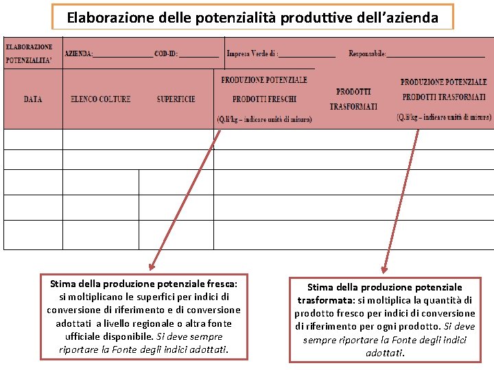 Elaborazione delle potenzialità produttive dell’azienda Stima della produzione potenziale fresca: si moltiplicano le superfici Elaborazione delle potenzialità produttive dell’azienda Stima della produzione potenziale fresca: si moltiplicano le superfici