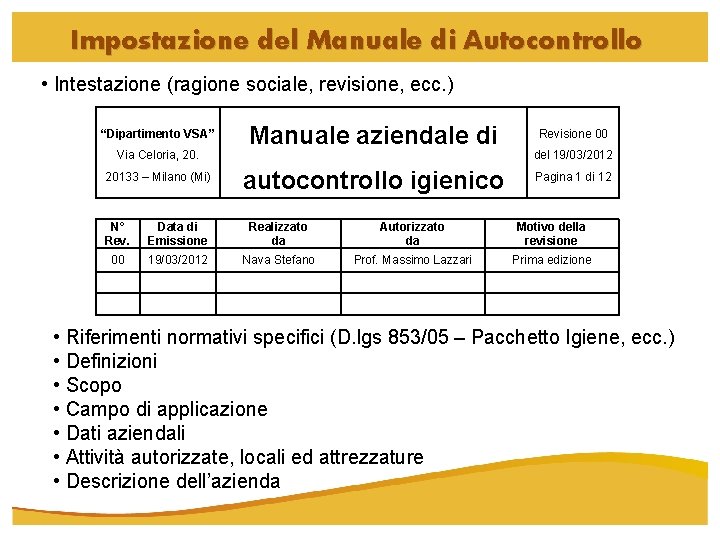 Impostazione del Manuale di Autocontrollo • Intestazione (ragione sociale, revisione, ecc. ) “Dipartimento VSA”