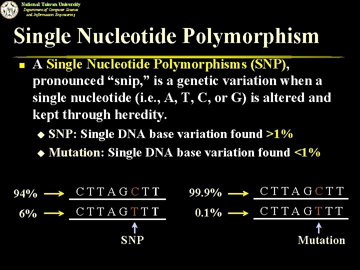 National Taiwan University Department of Computer Science and Information Engineering Single Nucleotide Polymorphism n