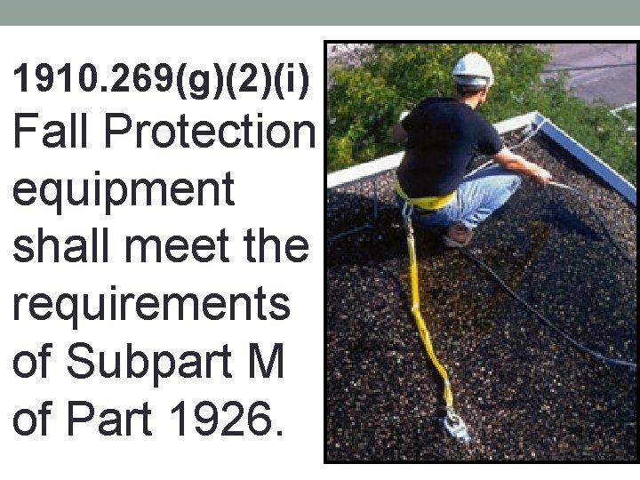 1910. 269(g)(2)(i) Fall Protection equipment shall meet the requirements of Subpart M of Part