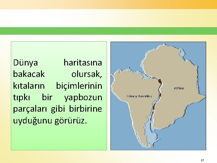 Dünya haritasına bakacak olursak, kıtaların biçimlerinin tıpkı bir yapbozun parçaları gibi birbirine uyduğunu görürüz.