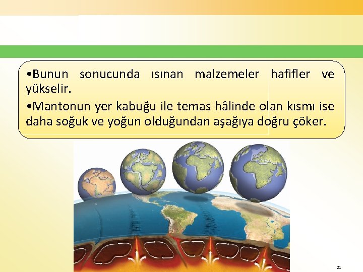  • Bunun sonucunda ısınan malzemeler hafifler ve yükselir. • Mantonun yer kabuğu ile