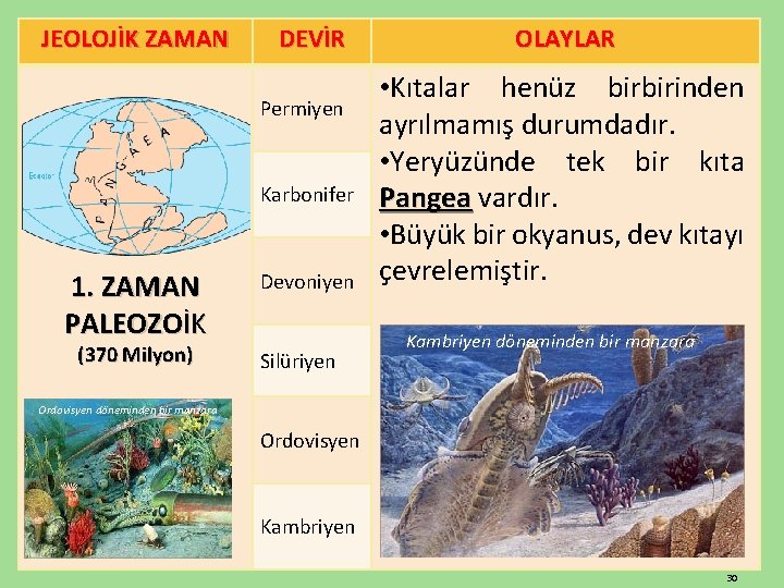 JEOLOJİK ZAMAN DEVİR Permiyen Karbonifer 1. ZAMAN PALEOZOİK (370 Milyon) Devoniyen Silüriyen OLAYLAR •