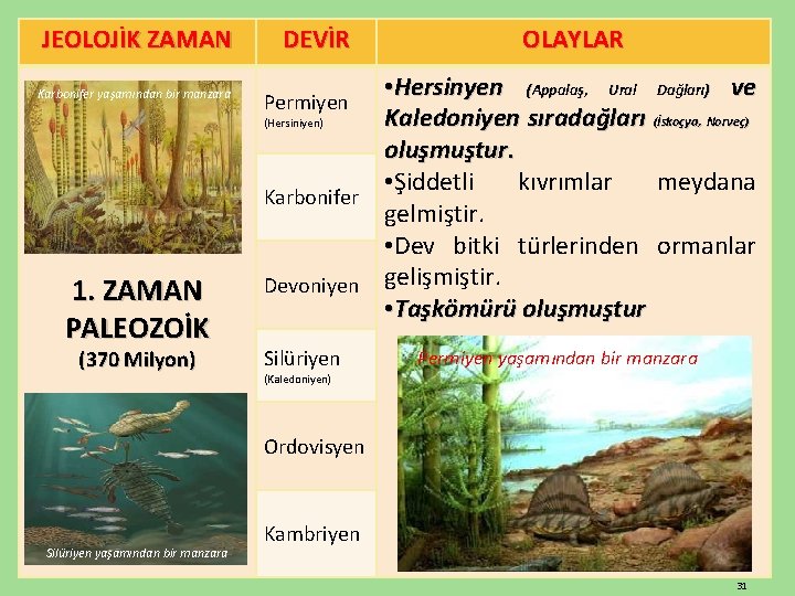 JEOLOJİK ZAMAN DEVİR Karbonifer yaşamından bir manzara Permiyen 1. ZAMAN PALEOZOİK (370 Milyon) OLAYLAR