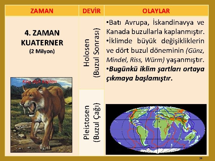 4. ZAMAN KUATERNER (2 Milyon) DEVİR OLAYLAR Holosen (Buzul Sonrası) ZAMAN • Batı Avrupa,