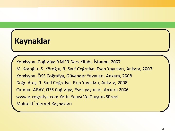 Kaynaklar Komisyon, Coğrafya 9 MEB Ders Kitabı, İstanbul 2007 M. Köroğlu- S. Köroğlu, 9.