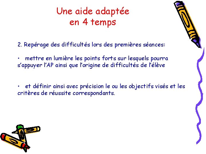 Une aide adaptée en 4 temps 2. Repérage des difficultés lors des premières séances: