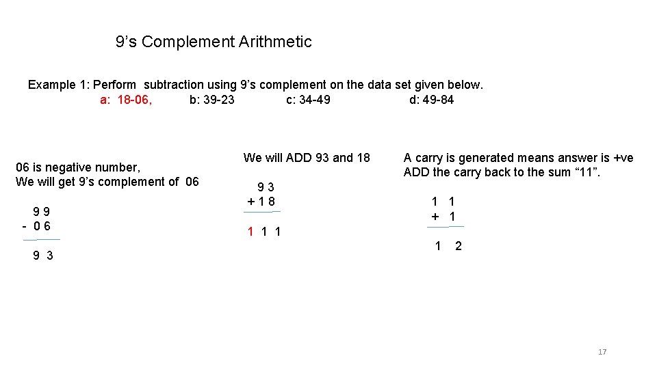 9’s Complement Arithmetic Example 1: Perform subtraction using 9’s complement on the data set