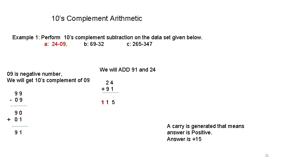 10’s Complement Arithmetic Example 1: Perform 10’s complement subtraction on the data set given