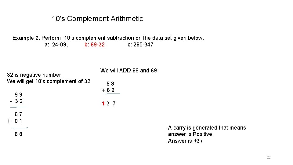 10’s Complement Arithmetic Example 2: Perform 10’s complement subtraction on the data set given