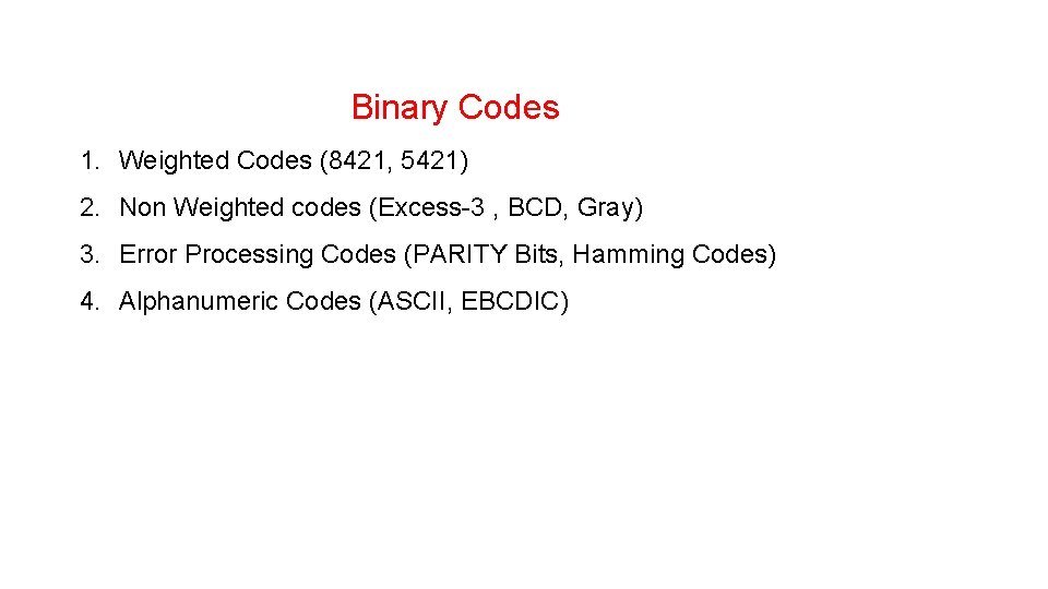 Binary Codes 1. Weighted Codes (8421, 5421) 2. Non Weighted codes (Excess-3 , BCD,