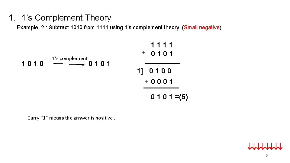 1. 1’s Complement Theory Example 2 : Subtract 1010 from 1111 using 1’s complement