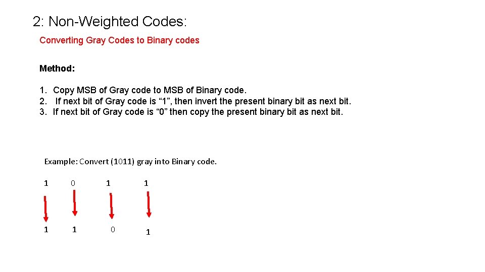 2: Non-Weighted Codes: Converting Gray Codes to Binary codes Method: 1. Copy MSB of