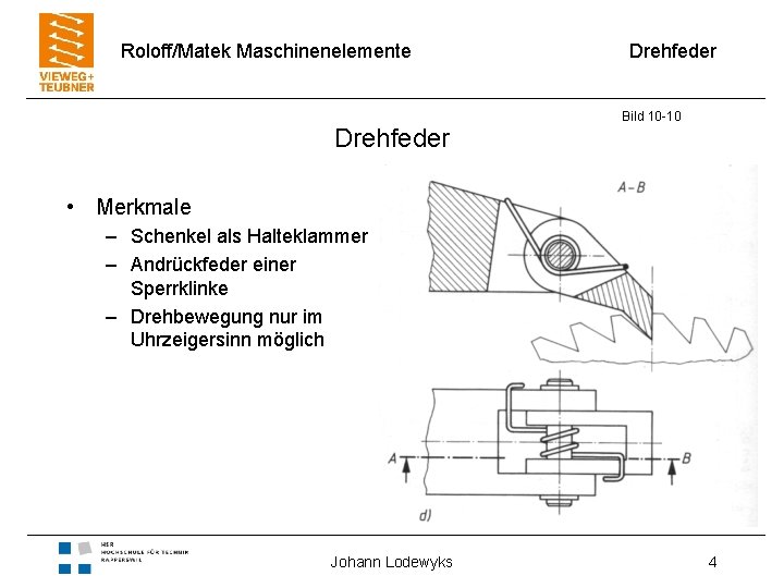 Roloff/Matek Maschinenelemente Drehfeder Bild 10 -10 • Merkmale – Schenkel als Halteklammer – Andrückfeder