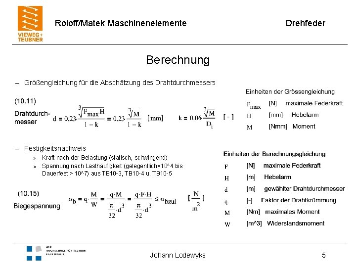 Roloff/Matek Maschinenelemente Drehfeder Berechnung – Größengleichung für die Abschätzung des Drahtdurchmessers – Festigkeitsnachweis »