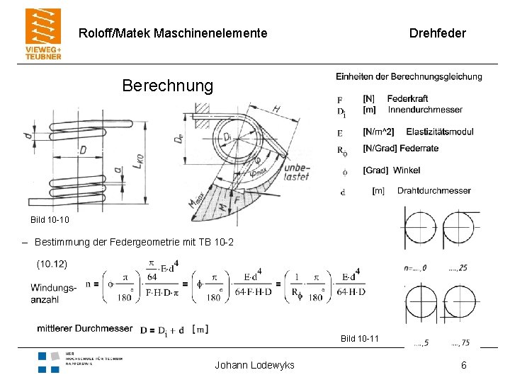 Roloff/Matek Maschinenelemente Drehfeder Berechnung Bild 10 -10 – Bestimmung der Federgeometrie mit TB 10