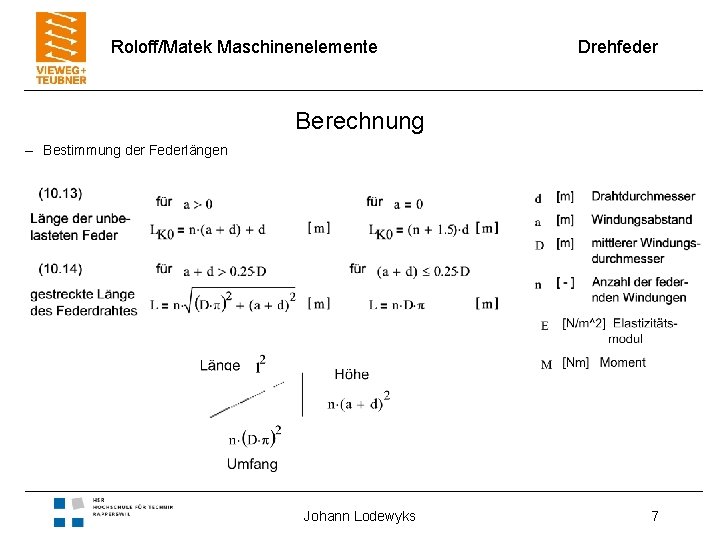 Roloff/Matek Maschinenelemente Drehfeder Berechnung – Bestimmung der Federlängen Johann Lodewyks 7 