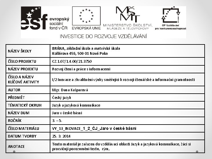 NÁZEV ŠKOLY BRÁNA, základní škola a mateřská škola Kollárova 456, 509 01 Nová Paka