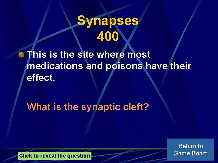 Synapses 400 This is the site where most medications and poisons have their effect.