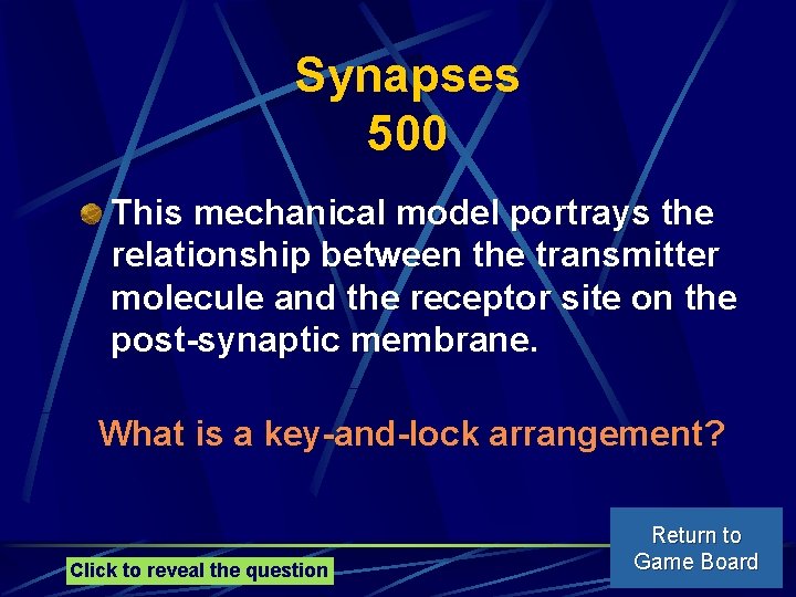 Synapses 500 This mechanical model portrays the relationship between the transmitter molecule and the