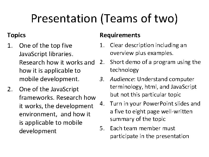 Presentation (Teams of two) Topics Requirements 1. One of the top five Java. Script Presentation (Teams of two) Topics Requirements 1. One of the top five Java. Script