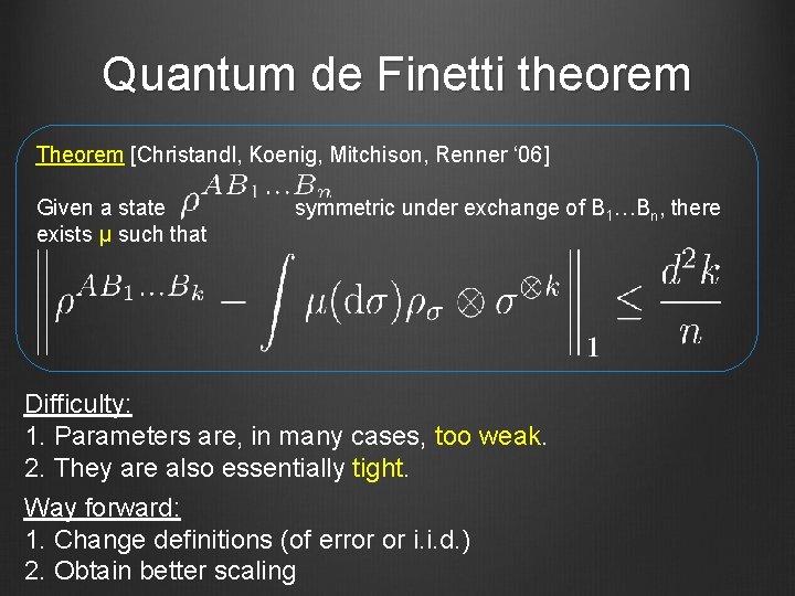 Quantum de Finetti theorem Theorem [Christandl, Koenig, Mitchison, Renner ‘ 06] Given a state