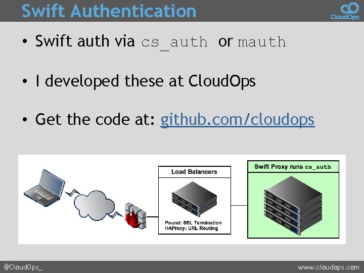 Swift Authentication • Swift auth via cs_auth or mauth • I developed these at