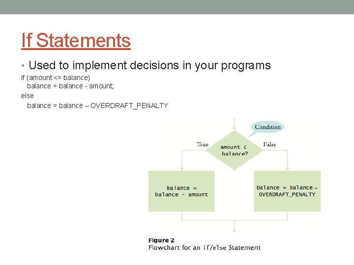 If Statements • Used to implement decisions in your programs if (amount <= balance)