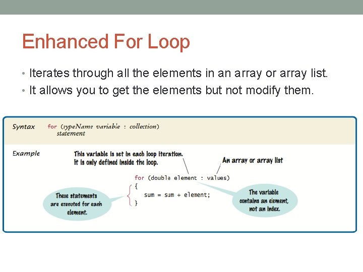 Enhanced For Loop • Iterates through all the elements in an array or array