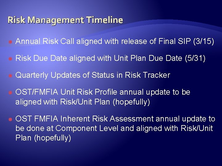 Risk Management Timeline Annual Risk Call aligned with release of Final SIP (3/15) Risk