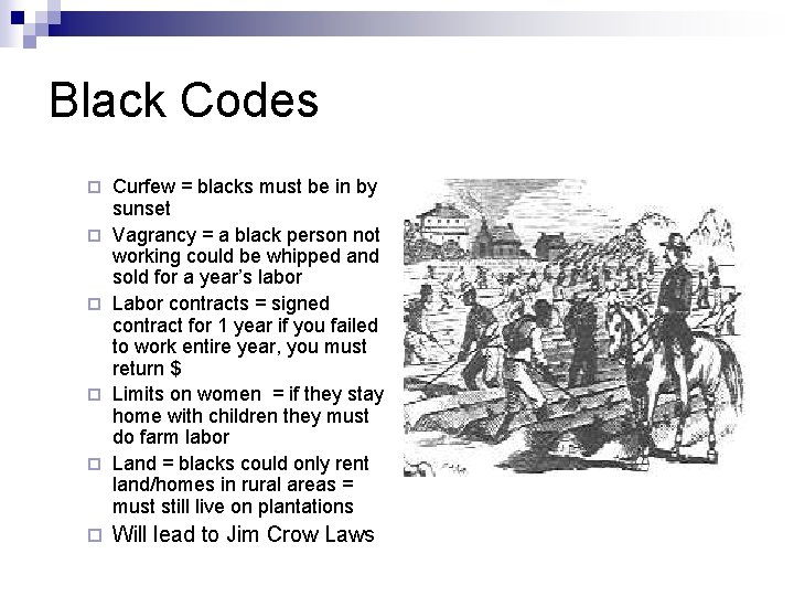 Black Codes ¨ ¨ ¨ Curfew = blacks must be in by sunset Vagrancy