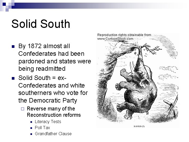 Solid South n n By 1872 almost all Confederates had been pardoned and states