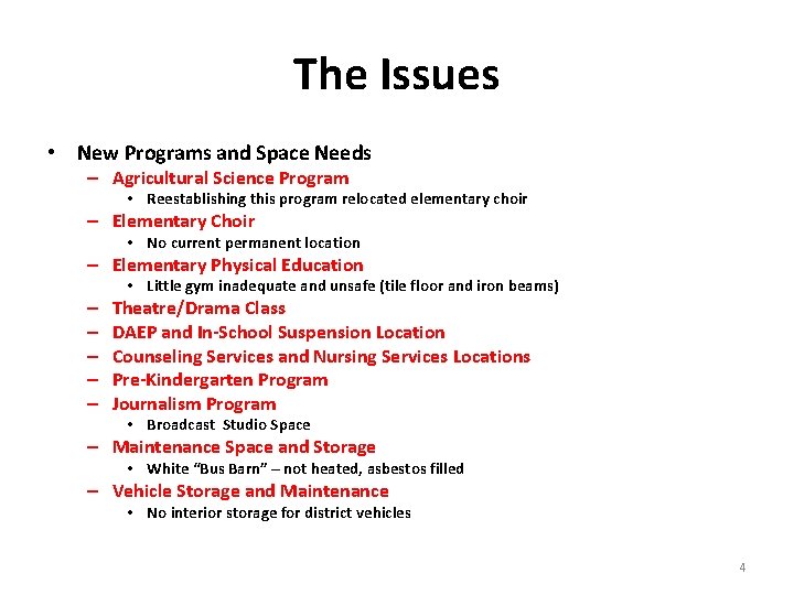 The Issues • New Programs and Space Needs – Agricultural Science Program • Reestablishing