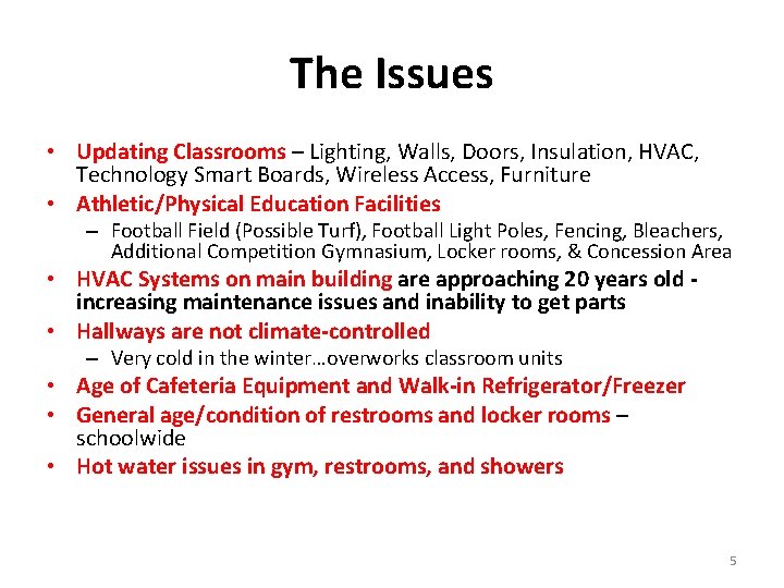 The Issues • Updating Classrooms – Lighting, Walls, Doors, Insulation, HVAC, Technology Smart Boards,