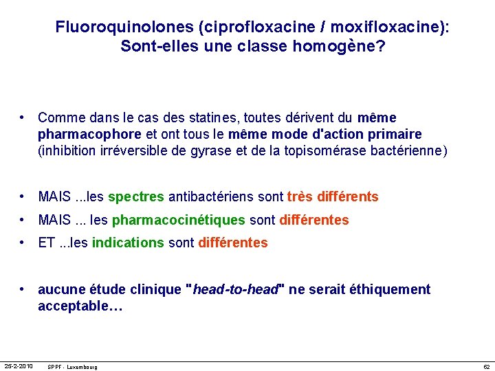 Fluoroquinolones (ciprofloxacine / moxifloxacine): Sont-elles une classe homogène? • Comme dans le cas des