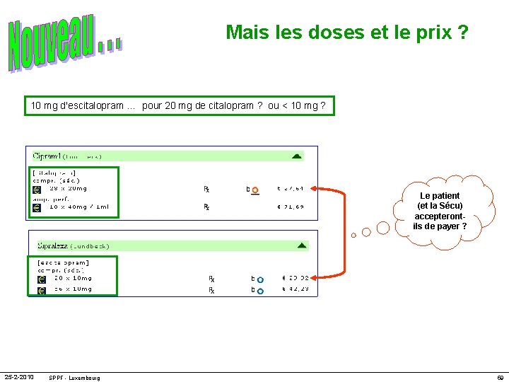 Mais les doses et le prix ? 10 mg d'escitalopram … pour 20 mg