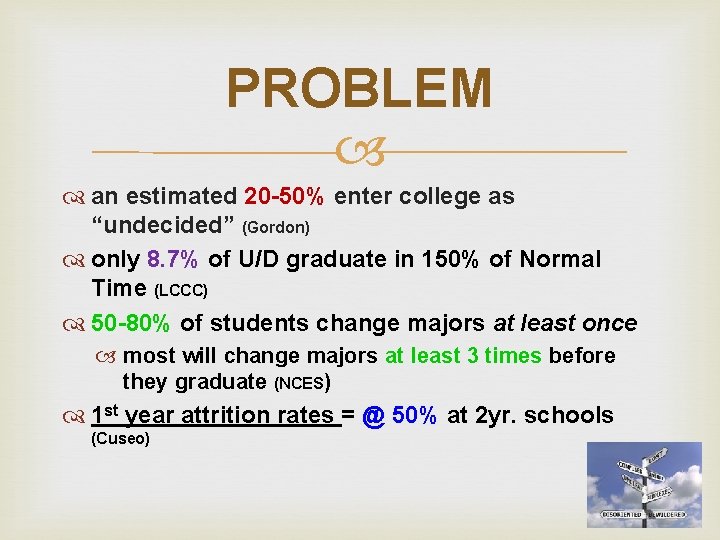 PROBLEM an estimated 20 -50% enter college as “undecided” (Gordon) only 8. 7% of