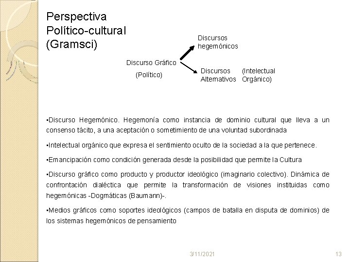 Perspectiva Político cultural (Gramsci) Discursos hegemónicos Discurso Gráfico (Político) Discursos (Intelectual Alternativos Orgánico) •