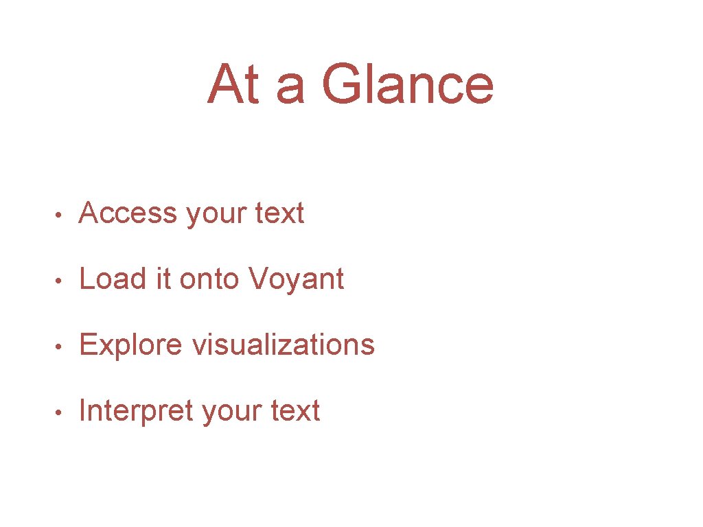 At a Glance • Access your text • Load it onto Voyant • Explore