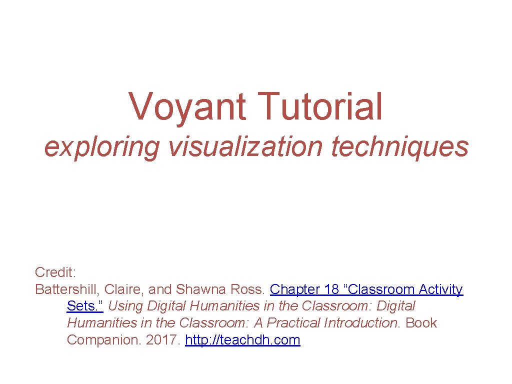 Voyant Tutorial exploring visualization techniques Credit: Battershill, Claire, and Shawna Ross. Chapter 18 “Classroom