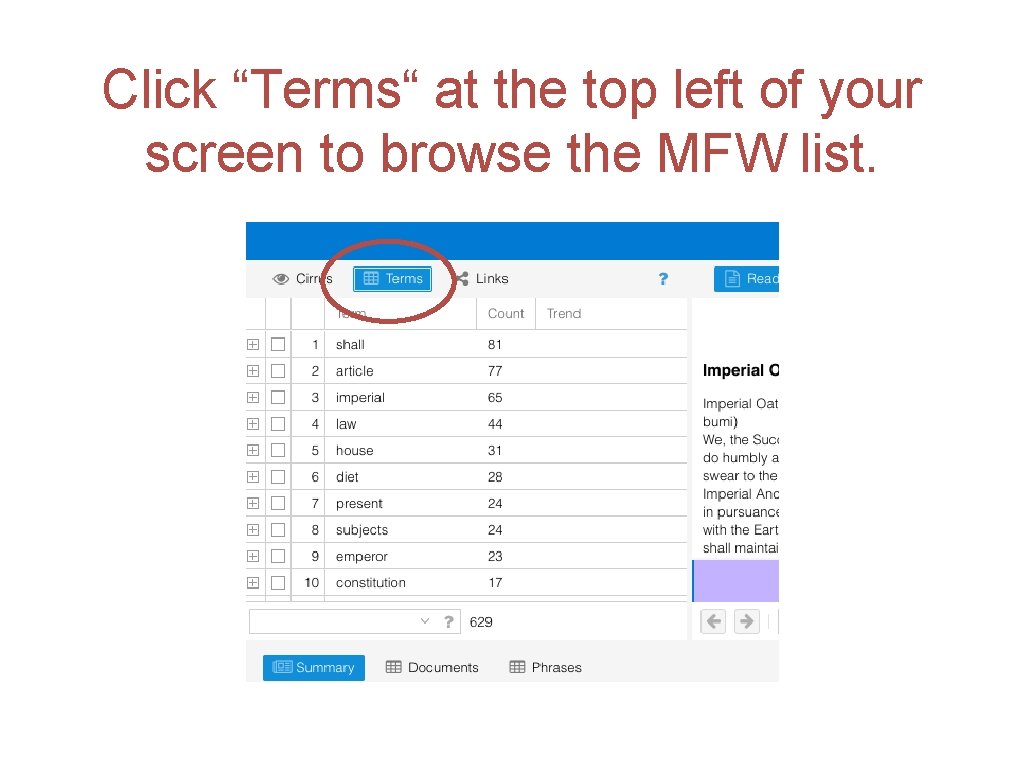 Click “Terms“ at the top left of your screen to browse the MFW list.