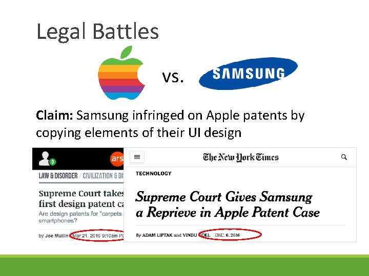 Legal Battles vs. Claim: Samsung infringed on Apple patents by copying elements of their Legal Battles vs. Claim: Samsung infringed on Apple patents by copying elements of their