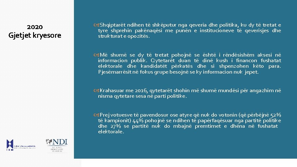 2020 Gjetjet kryesore Shqiptarët ndihen të shkëputur nga qeveria dhe politika, ku dy të