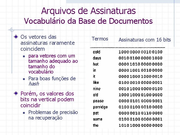 Arquivos de Assinaturas Vocabulário da Base de Documentos Os vetores das assinaturas raramente coincidem