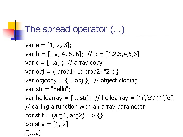 The spread operator (…) var a = [1, 2, 3]; var b = […a,