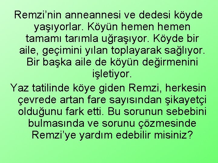 Remzi’nin annesi ve dedesi köyde yaşıyorlar. Köyün hemen tamamı tarımla uğraşıyor. Köyde bir aile,